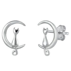 Sterling Silver Cat on the Moon Stud Earrings